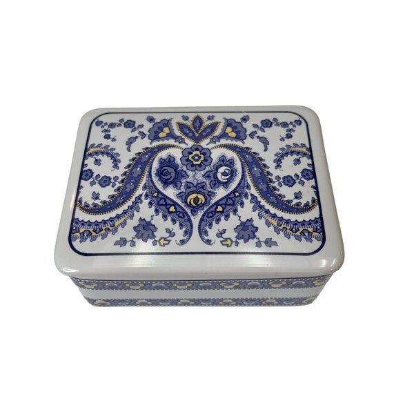 Thai Stoneware Trinket Box With Blueish Purple and Yellow Floral Paisley Pattern Blue and White Decor Vintage Collectible Jewelry Organizer