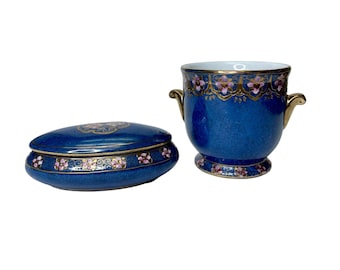 Vintage Blue & White Porcelain Planter Pot with Lidded Box Set