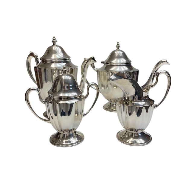 4 Piece Silver Plated Silverplate Coffee Tea Set by IMPSA Mexico with Lidded Teapot Coffeepot Sugar Bowl and Creamer Vintage 1970s