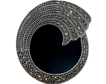 Vintage Signed FAS 925 Sterling Silver Marcasite and Onyx Brooch Pin Deco Style