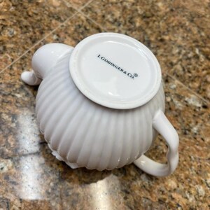 May include: A white ceramic teapot with a ribbed, vertical texture and a curved handle. The base of the teapot is visible, featuring the black printed text L.GODINGER & CO. along with a registered trademark symbol on the smooth circular bottom.