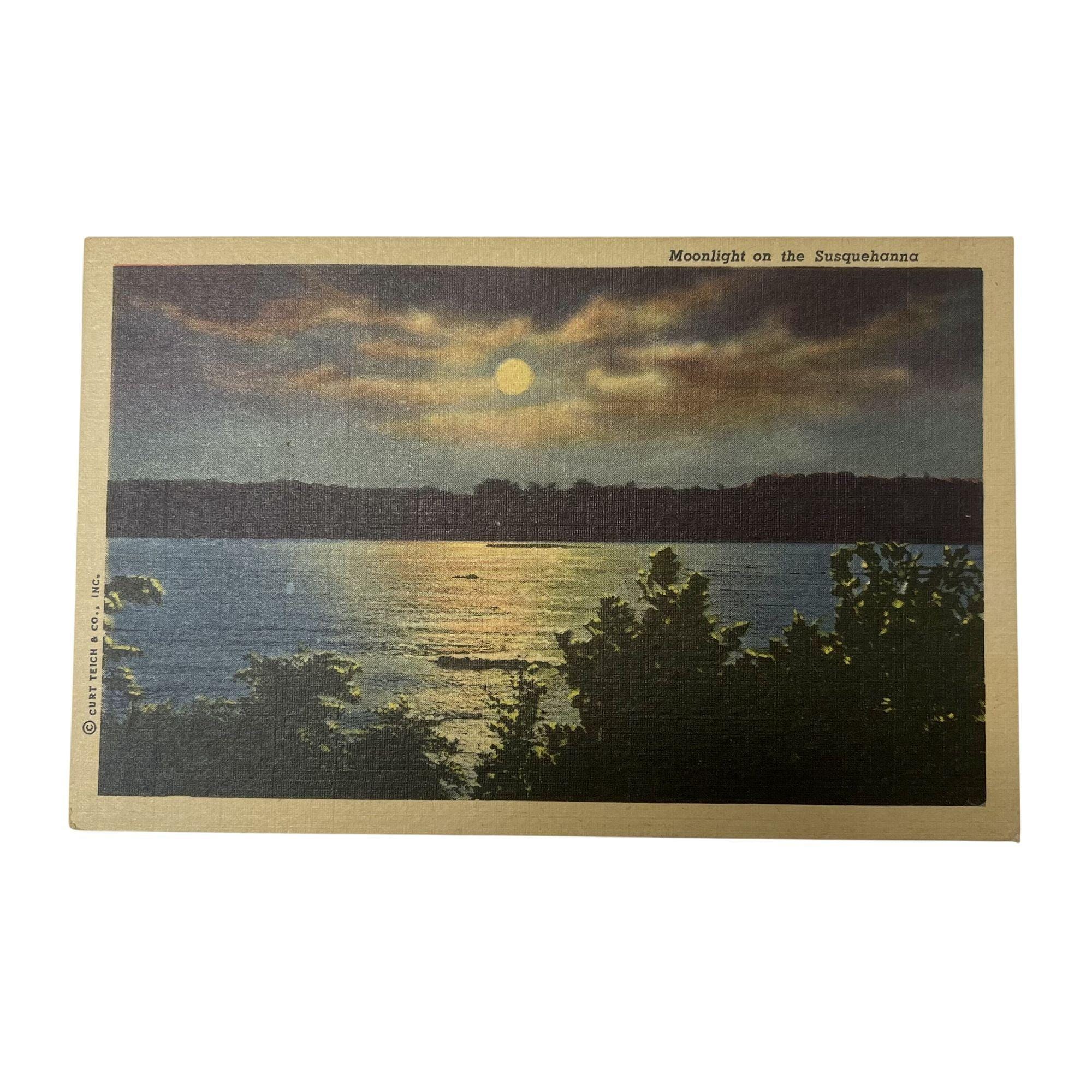 Vintage Moonlight on the Susquehanna River Postcard 1930s 1940s Linen Unused Pennsylvania Scenic Night View Collectible