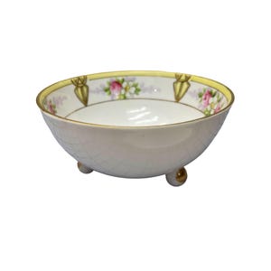 Antique Hand-Painted Nippon Porcelain Rice Bowl with Roses & Gold Trim | Japanese Footed Dish | Collectible Early 20th Century Floral Bowl
