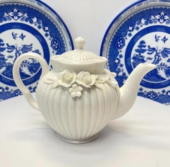 Godinger White Ceramic Teapot Floral Relief Tea Pot Cottage Chic Serveware