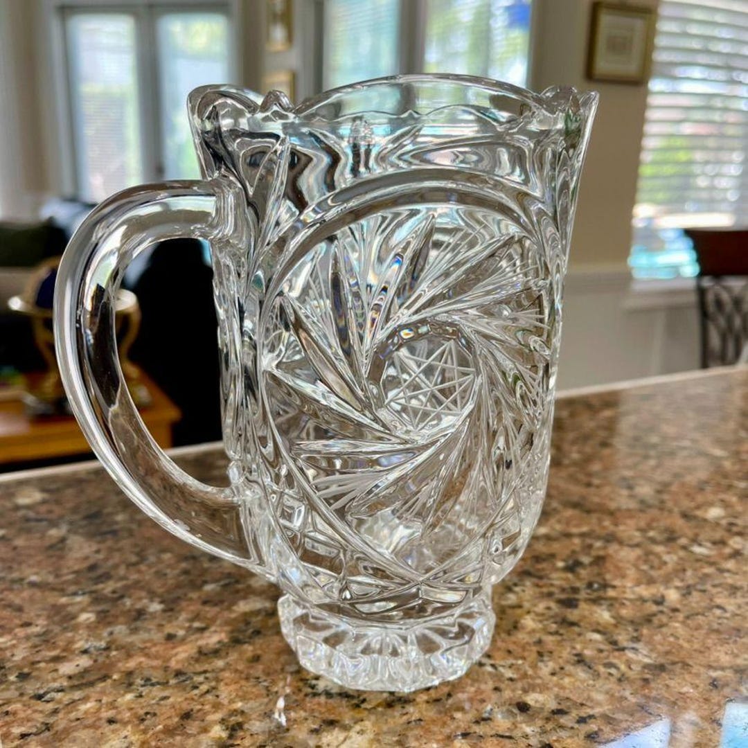 Vintage Bohemia Crystal Pitcher – Cut Glass Starburst Leaf Design