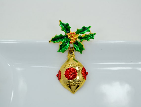 Signed Christmas Ornament Brooch With Holly Leave… - image 1