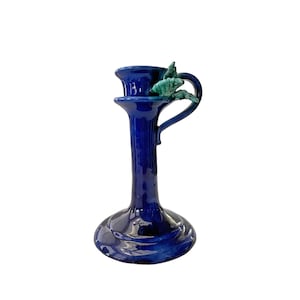 Signed Handled Terracotta Candlestick Candle Holder Hand Painted Cobalt Blue and Green Leaves 7 Inch Vintage Terra Cotta Candleholder