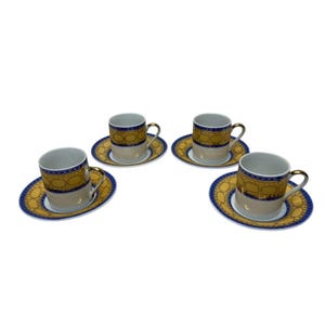 Vintage Japan Style Demitasse Set of 4 Gold Cobalt Blue Espresso Cups Saucers Porcelain Ornate Coffee Set Elegant Tea Party Collectible