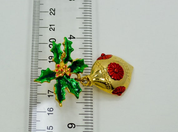 Signed Christmas Ornament Brooch With Holly Leave… - image 5