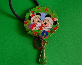 Disney Cast Exclusive Christmas ID Lanyard or ID Holder With Mickey and Minnie Mouse as Santa and Mrs. Claus on a Garland (2995C)