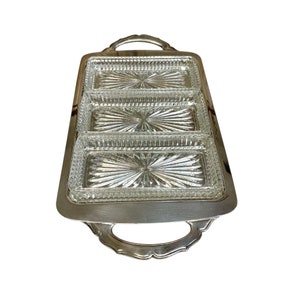 Vintage Early Dublin Lunt Silverplate Silver Plated Handled and Footed Serving Tray With 3 Glass Inserts MCM Elegant Table