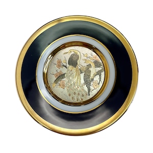 24KT Gold Rim Chokin Art Collection Porcelain Plate With Peacock Design Made In Japan in Black, White, Gold, Vintage MCM Decor Silver Copper
