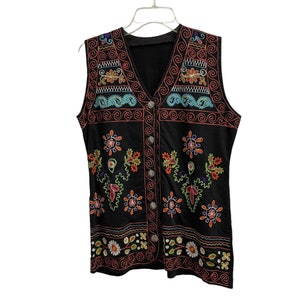 Women Multicolor Embroidered Black Vest Floral Pattern, Orange Green Blue Purple White, Light Weight Button Closure and Lined Front Size M L