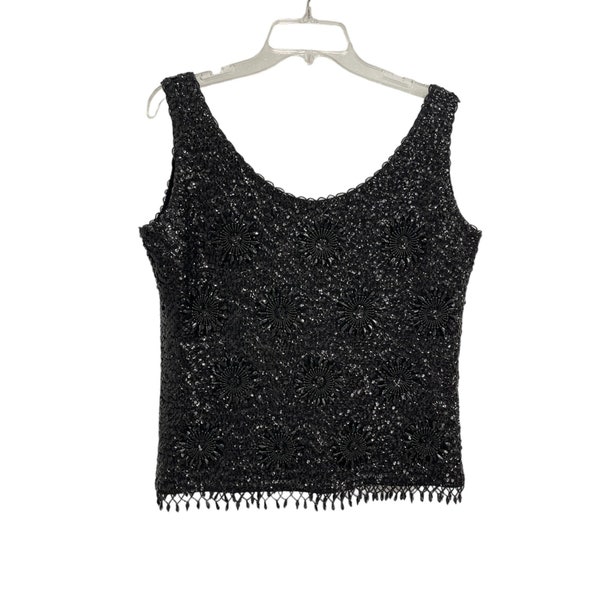 Cardell Women Black Evening Top Beaded Sequined Fringed Sleeveless Lined 100% Wool From Hong Kong, Vintage Floral Pattern