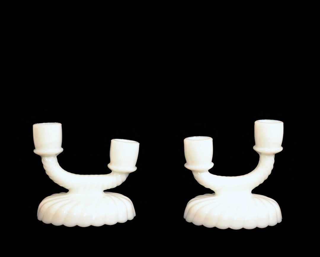 Double Arm Milk Glass Candle Holders / Candlestick Holders With
