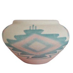 4.5 Inches Southwestern Ceramic Pottery Vase With Sand Finish and Abstract Design, Numbered, Handcrafted, Ivory, Green, Pink (3125B)