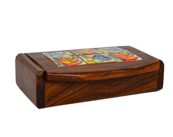 Hard Wood Hinged Keepsake Trinket or Jewelry Box Decorated with Hand Painted Tiles, Colorful Butterflies and Flowers Design (2981S)