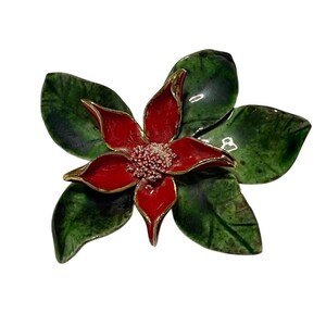 Vintage Handmade Glazed Porcelain Poinsettia Brooch Hand-Painted Red Green Gold Floral Flower Jewelry Holiday Gift Christmas Pin