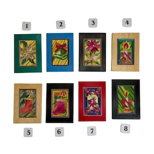 Mexican Straw Popote Popotillo Folk Art Mosaic Painting Wooden Frame Multi Color Christmas Motives Poinsettias Bells Candles Stockings