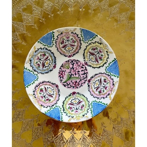 14 Inch Chinoiserie Hand Painted Decorative Porcelain Bowl Plate With Floral Medallions in Spring Tones Vintage Wall Decor or Centerpiece