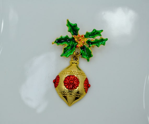 Signed Christmas Ornament Brooch With Holly Leave… - image 2