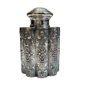 Antique 1800&#39;s Sheffield 66 Repousse Silver Plate on Copper Scalloped Tea Caddy Container Floral Pattern Marked on the Bottom Collectible