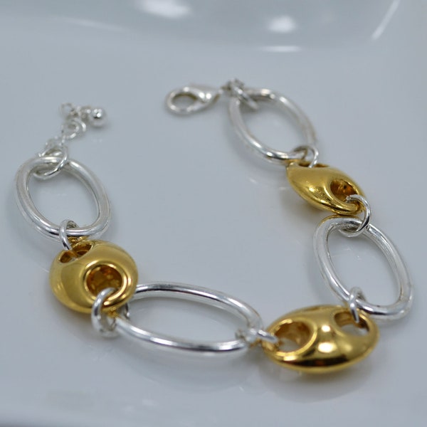 Vintage Avon Shiny Silver and Gold Tones Oval Link Bracelet With Lobster Clasp, Chunky Bracelet (2802B)