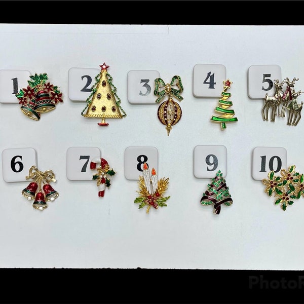 Vintage Enamel & Rhinestones Metal Christmas Brooches, Pin, Trees, Bells, Poinsettias, Candles, Reindeer, Candy Cane, Ornament (3382C)
