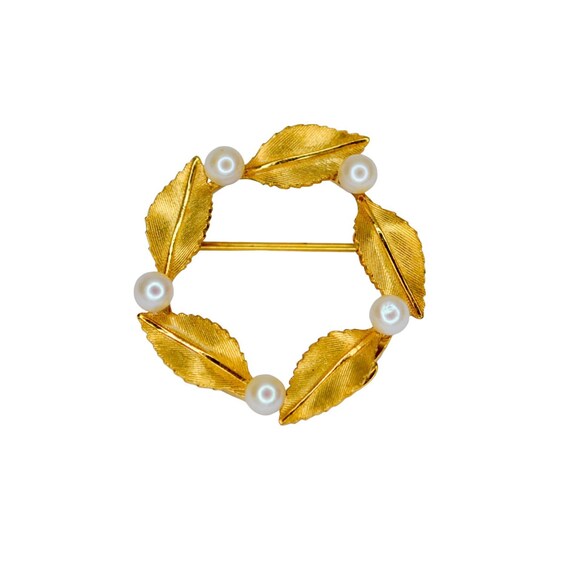 Pearl and Leaves 14K Gold Filled Floral Wreath Pin Brooch Signed