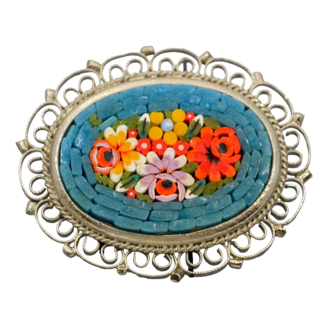 Broche Barre Victorienne Micro Mosaïque Millefiori – Fleurs Oiseau Onyx Noir, Italie Antique