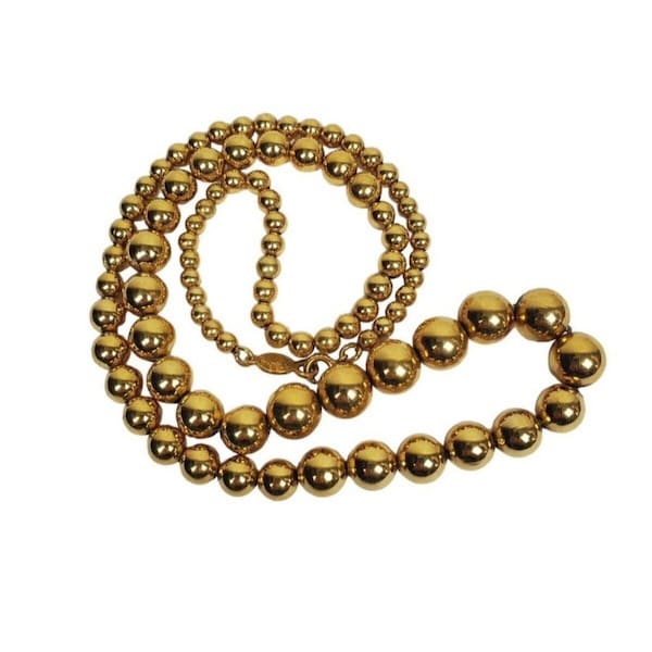 Napier Gold Tone Metal Beaded Necklace With Graduated Shiny Balls Strung in a Chain 25 Inch, Vintage Classic Signed Jewelry