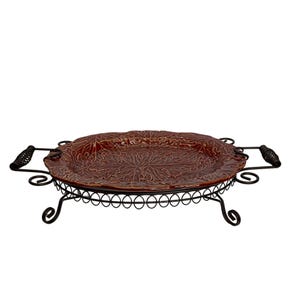 Celebrating Home Stoneware Platter With Metal Stand, Reddish Brown