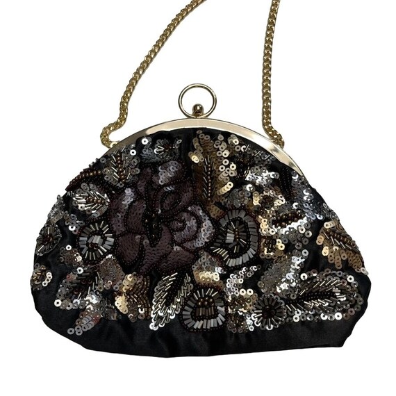 Jessica Mcclintock Black Satin Evening Purse With Elegant and Beaded Sequin Floral Design and Gold Chain Strap Shoulder Bag or Clutch Etsy Ireland