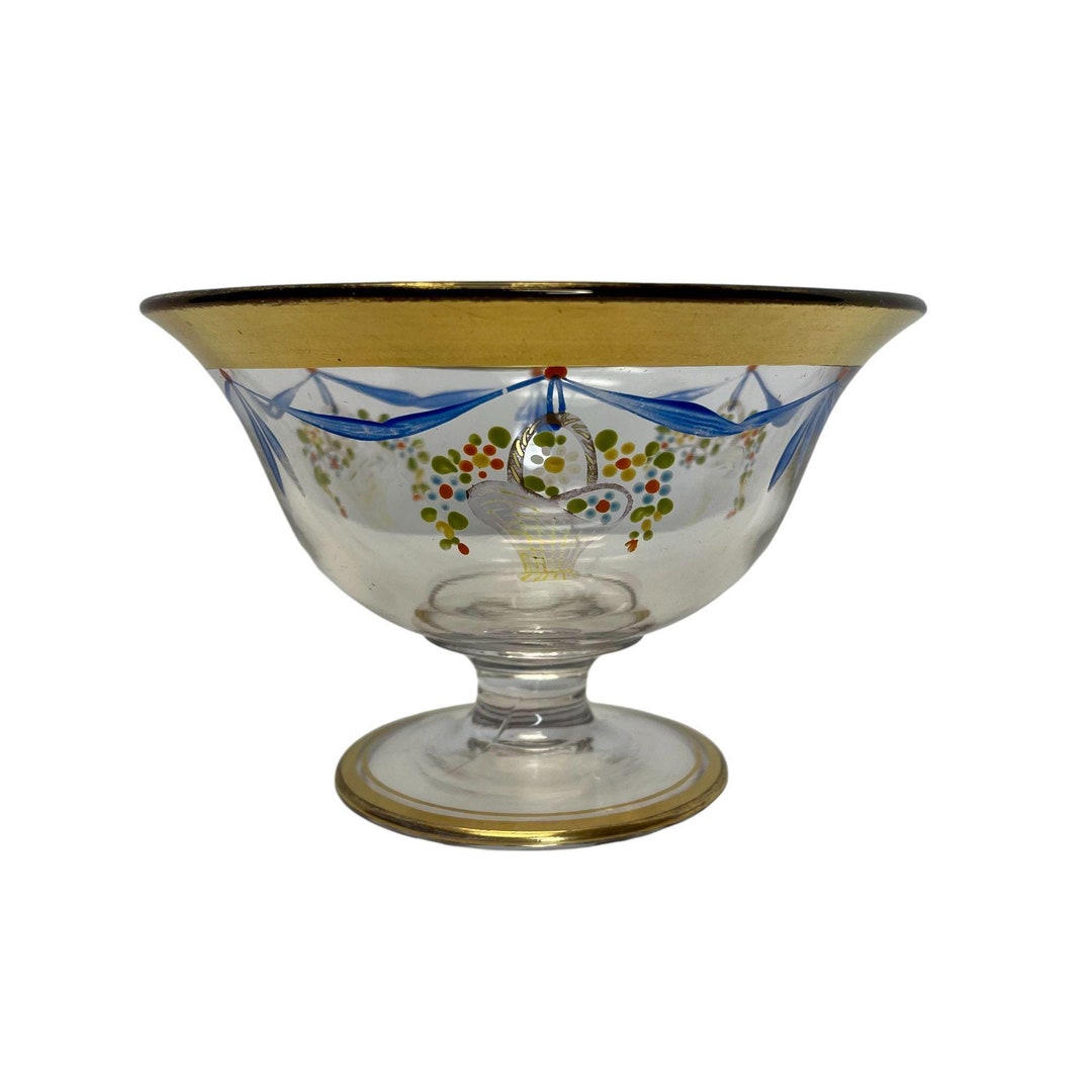 Vintage Hand-painted Glass Compote Dish With Floral and Gold Accents, 4 ...