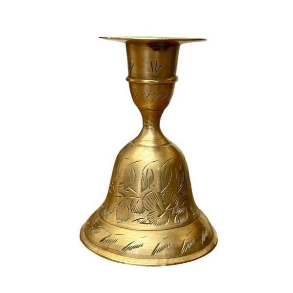 Solid Brass Candle Stick Holder and Bell Service Ringer Etched Leaves Metal 4" Tall Vintage Candlestick Table Decor