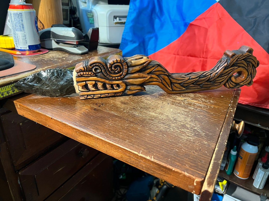 Quetzalcoatl Kukulkan Dagger, Deep Wood Carved, Azteca Obsidian Knife