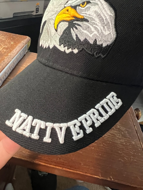Native Pride Cap, Featuring Bald Eagle and Silver Silhouette, Embroidered,  Black one Size Fits Most Velcro Adjustable Strap 