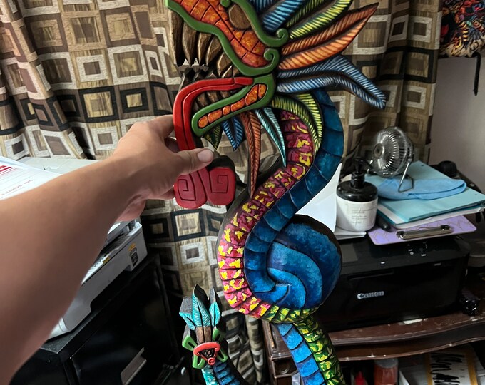 Quetzalcoatl Aztec Wood Carving 27, Maya Kukulkan Feathered Serpent