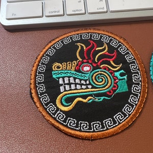 Dragon Patch, 3", Color Border Quetzalcoatl, Aztec Feathered Serpent, Mexica, Mayan Kukulkan Plumed Serpent Snake Patch (L3)