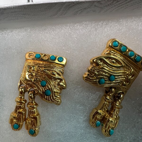 Aztec or Mayan style Earrings by Salvador Teran for Marbel SA Mexico, gold plated Clip-On (#1)