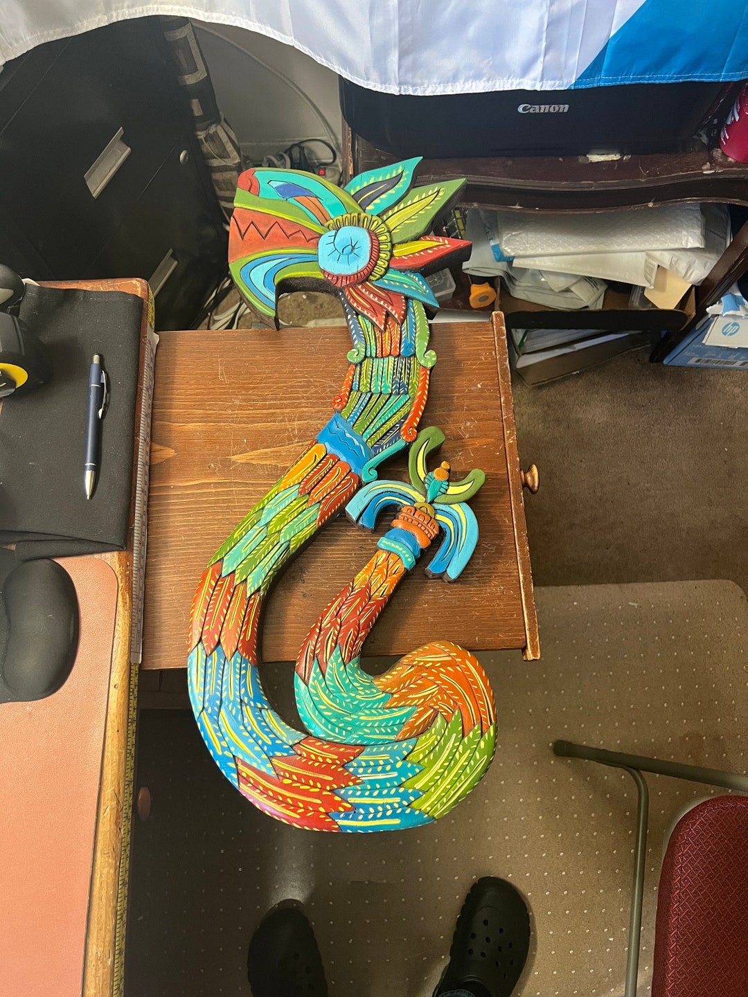 Quetzalcoatl Aztec Wood Carving 27, Maya Kukulkan Feathered Serpent, Mexica Plumed Serpent, Hand