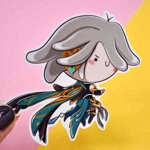 Adesivo Alhaitham kawaii - Carta lucida - Fan art di videogioco, impatto, potere erba, campanello, nave, gaming, gioco online, videoludico