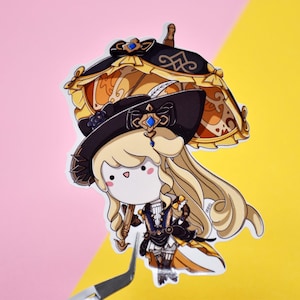 Adesivo Navia kawaii - Carta lucida - Fan art di videogioco, impatto, potere geo, ombrello, cannone, nave, capitano, gaming, rosa