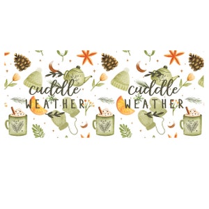 May include: A seamless pattern featuring a variety of wintery elements, including mugs of hot cocoa, teapots, pine cones, stars, and mittens. The text "cuddle weather" is repeated throughout the pattern.