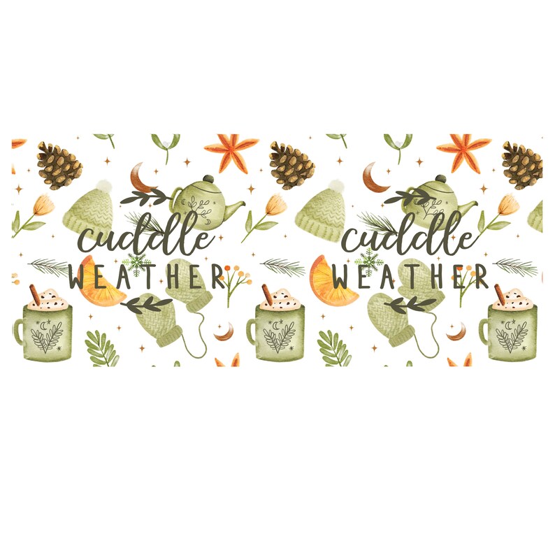 May include: A seamless pattern featuring a variety of wintery elements, including mugs of hot cocoa, teapots, pine cones, stars, and mittens. The text "cuddle weather" is repeated throughout the pattern.