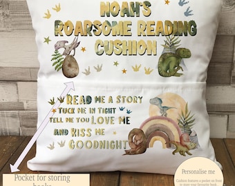 Personalised Childrens Reading Cushion, Cute Dinosaur Pocket Book Pillow, Book Holder For Bedtime Stories, Boys Nursery Decor