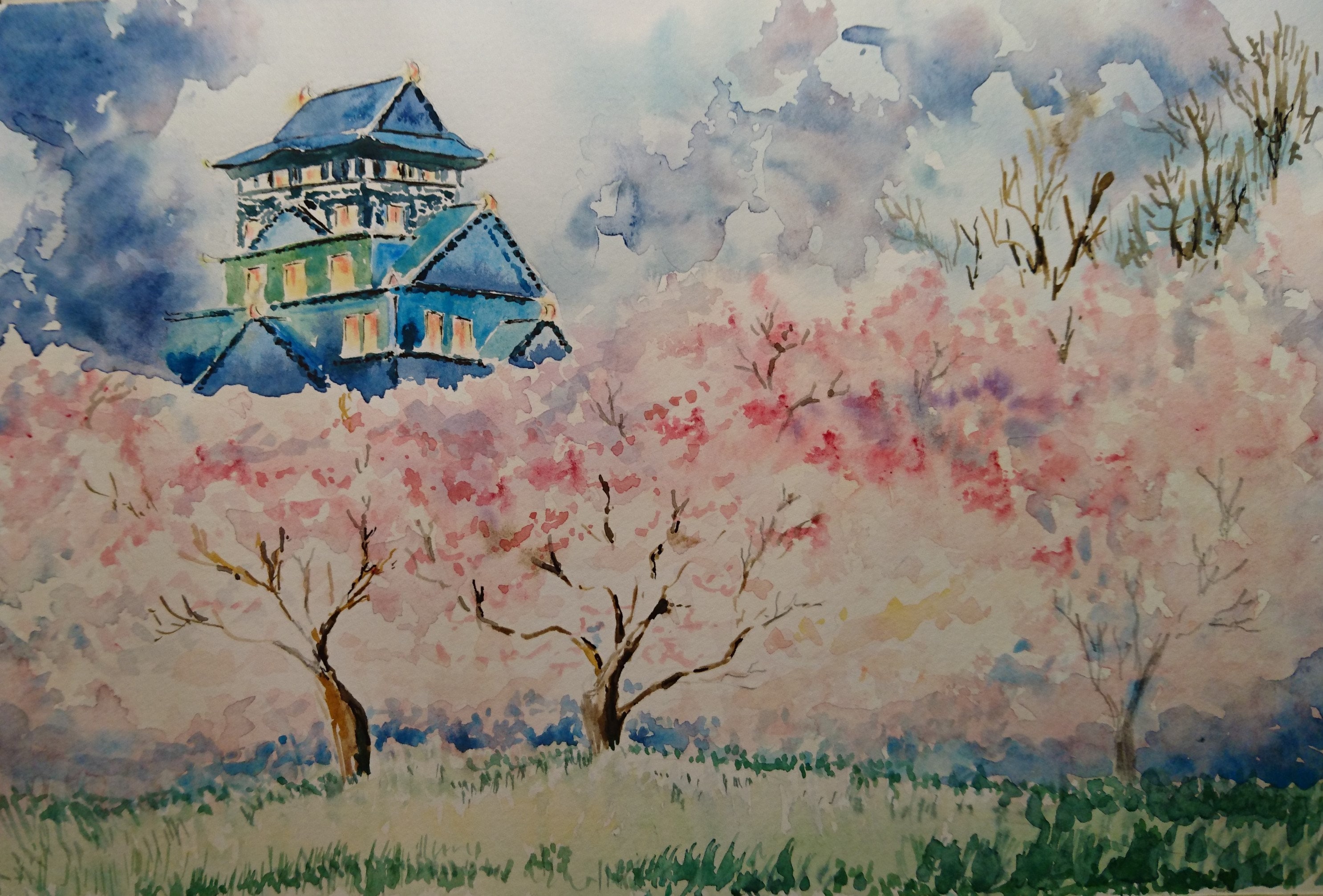 Spring Pink Cherry Blossom Sunset Japan Temple Artist Watercolour A4 - Etsy