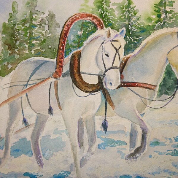 L’hiver les chevaux course troïka l’art abstrait et neige Noël papier aquarelle artiste Winsor & Newton A3