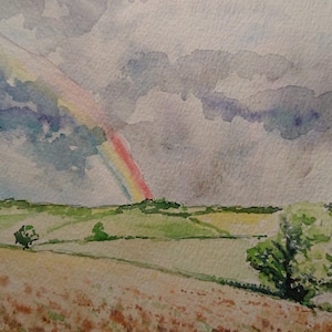 countryside with rainbow walk Artist watercolour  A4