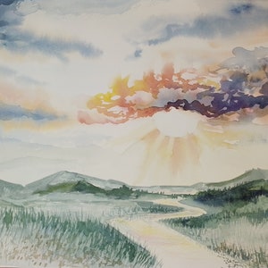 Sunset river watercolour